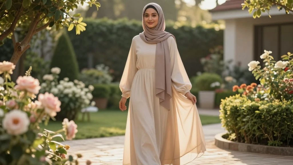 Model in a neutral tone maxi dress and hijab in a garden setting