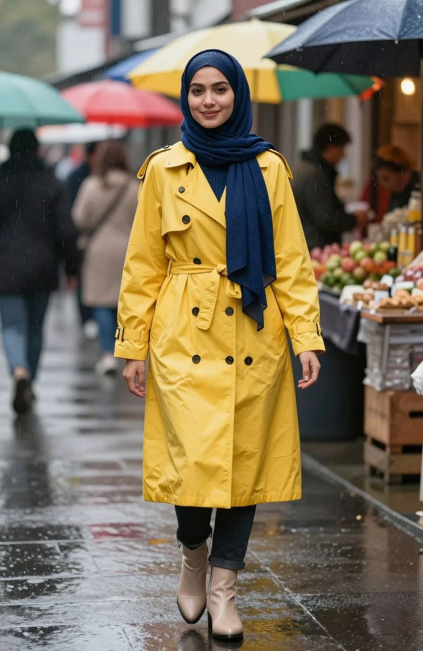 A stylish hijab wearer in a yellow trench coat on a rainy street