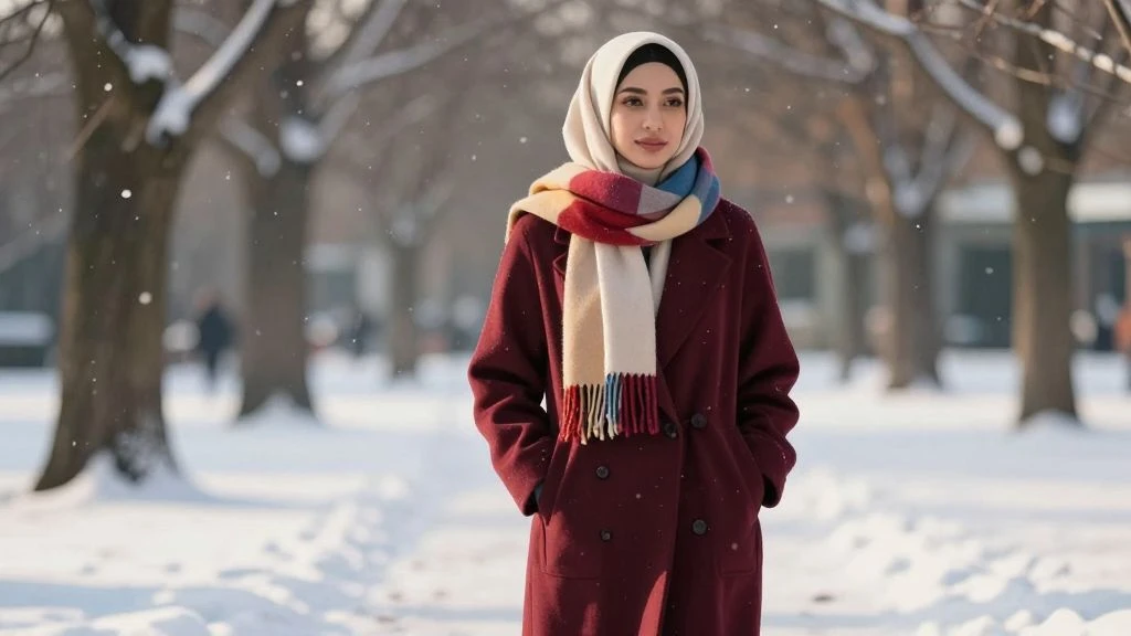 A hijabi in a stylish winter outfit standing outdoors, showcasing vibrant colors and cozy fabrics.