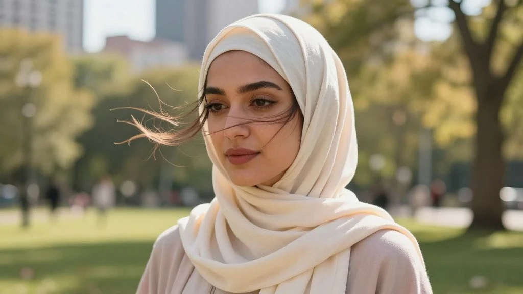 Woman in a lightweight hijab standing in a windy park, showcasing styling challenges.