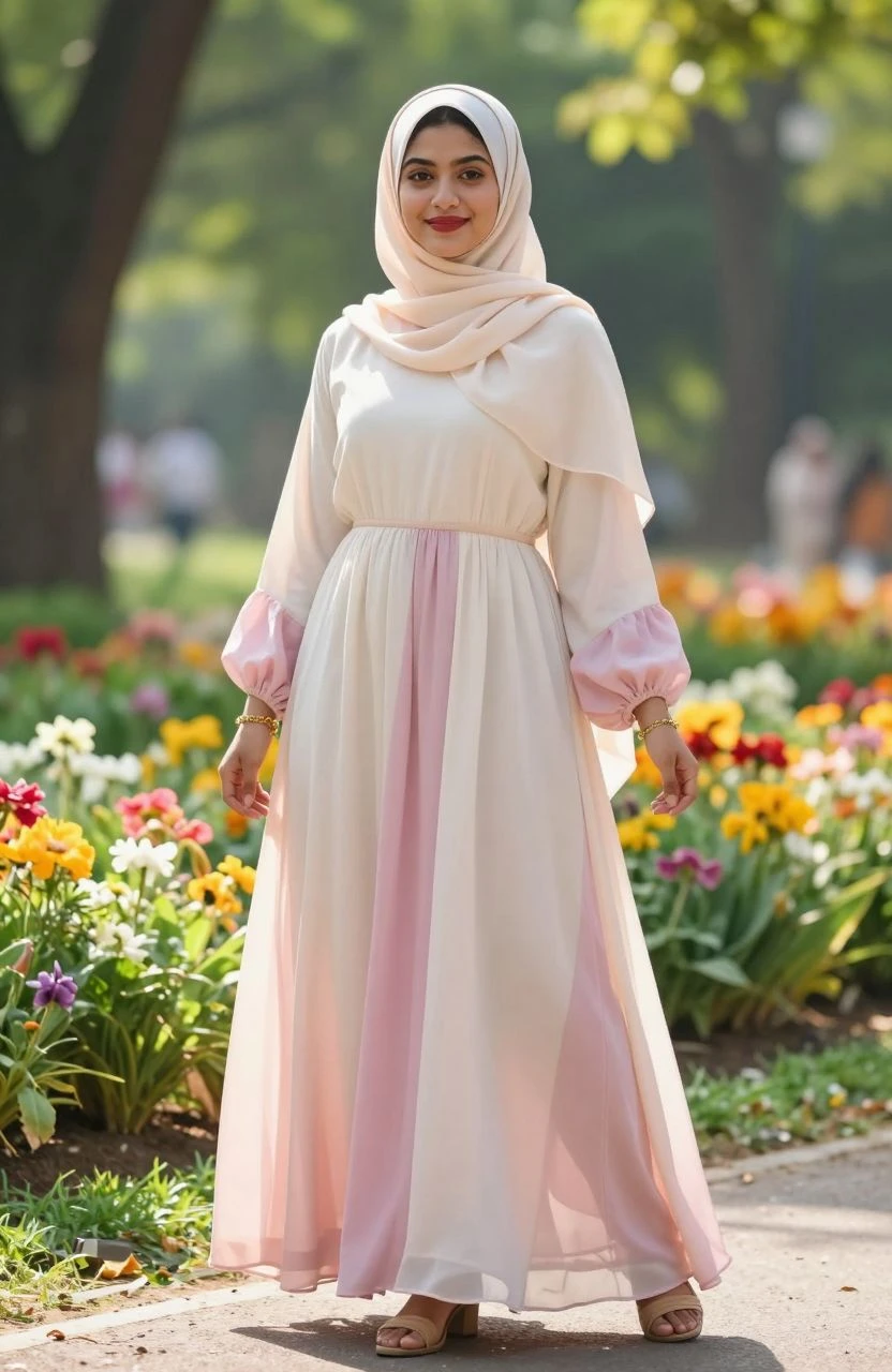 Summer hijab fashion featuring a woman in a pastel maxi dress in a sunny park
