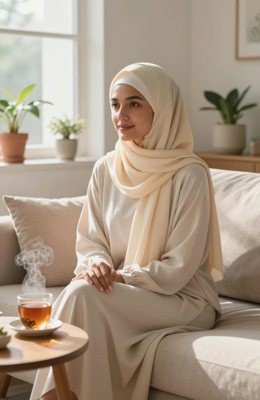 A woman in a cream hijab sitting in a cozy, minimalist indoor setting with warm light.