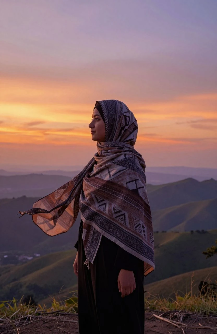 Woman in hijab at sunset overlooking hills, showcasing adventure and style