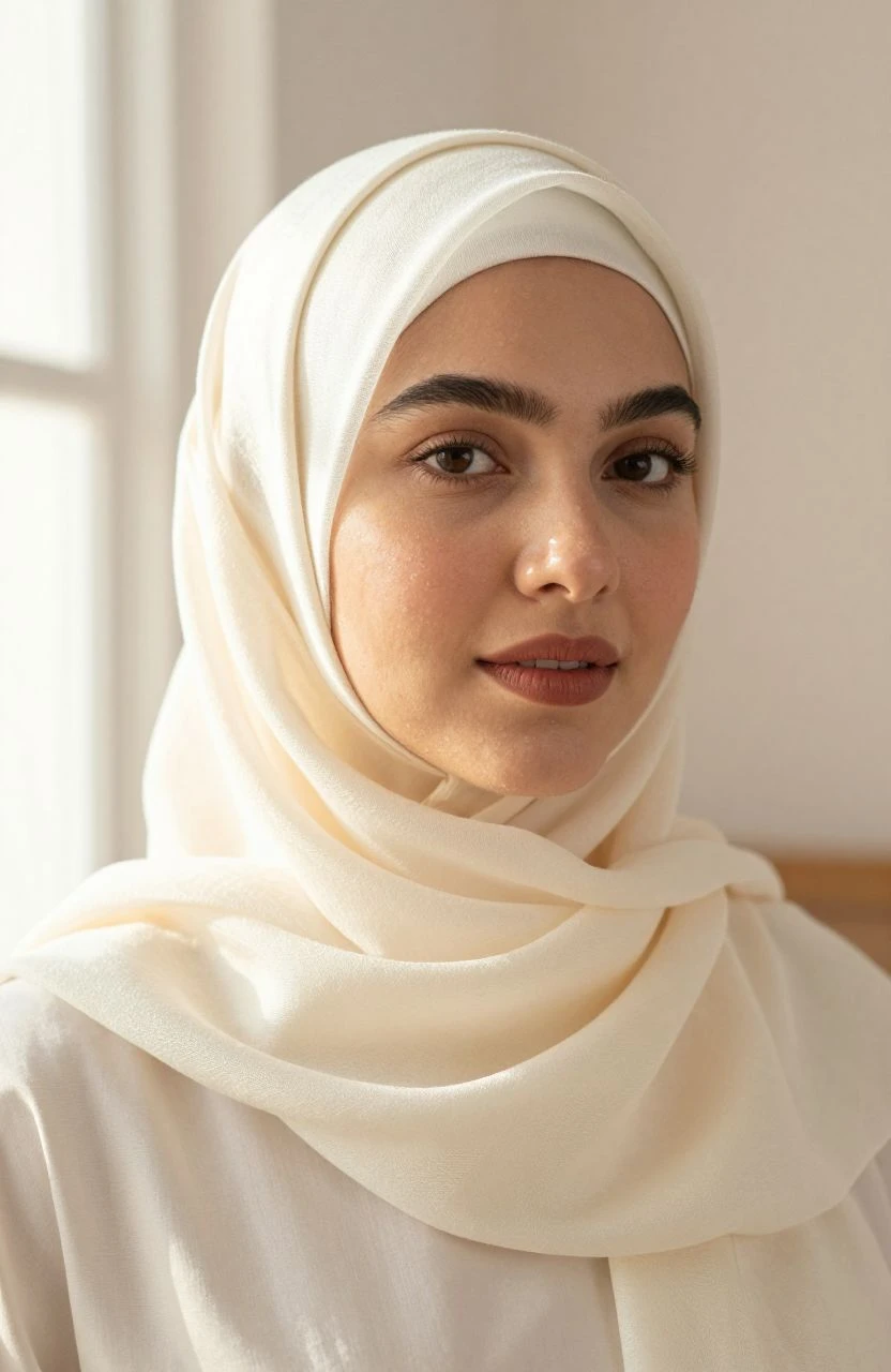 Close-up of a woman with a round face in a classic hijab style, showcasing how to enhance face shapes.