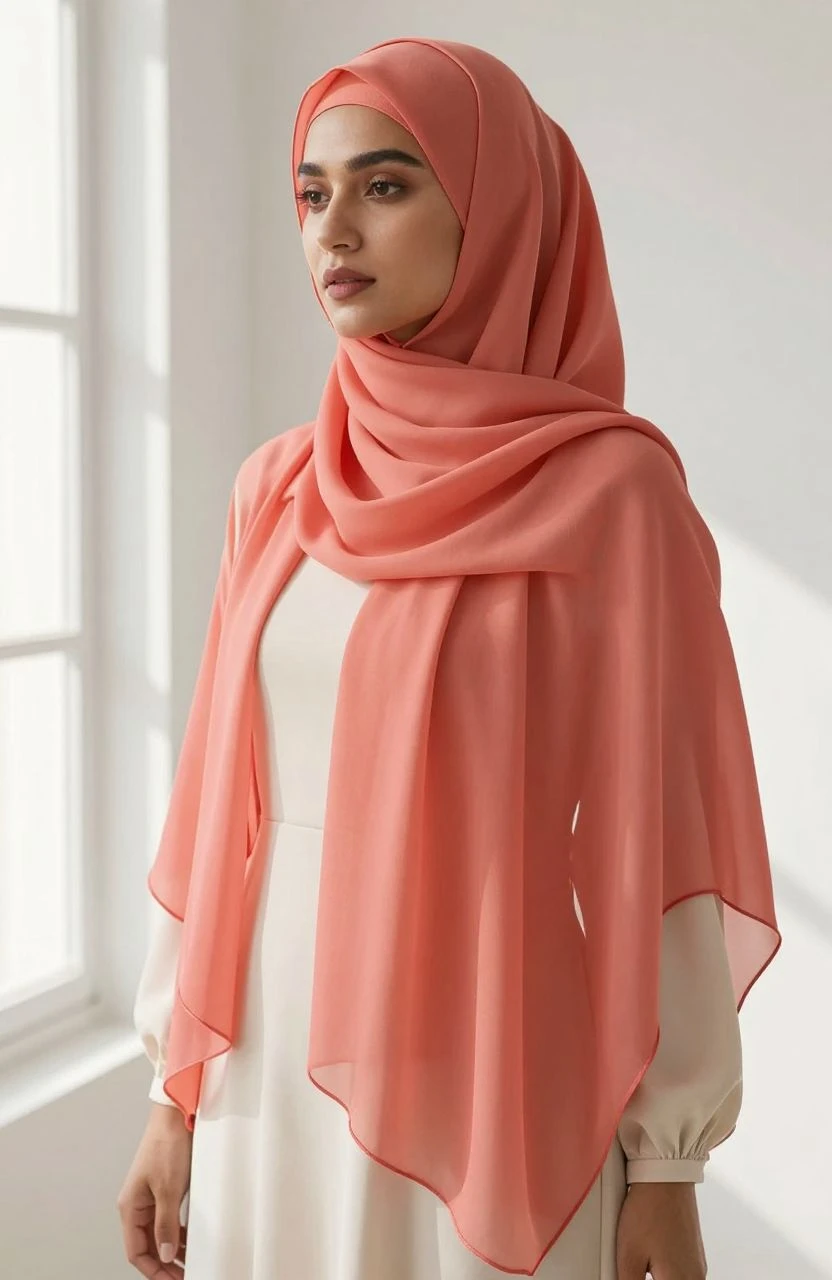 Woman styling a coral chiffon hijab in a minimal studio setting