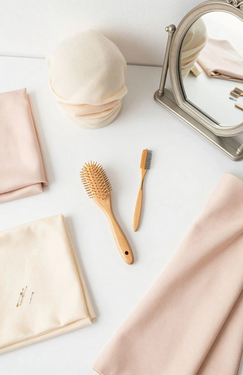 Flat-lay of hijab styling tools on a clean surface, showcasing various fabrics and accessories.