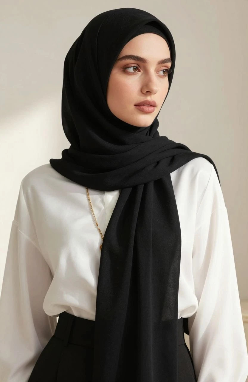 Close-up of a black hijab styled with white silk and gold accessories