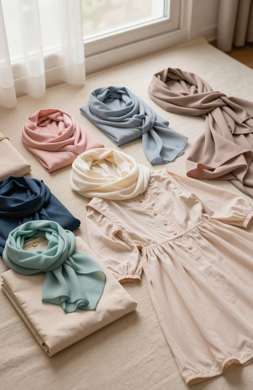 Flat-lay of various hijabs and outfit choices on a textured background