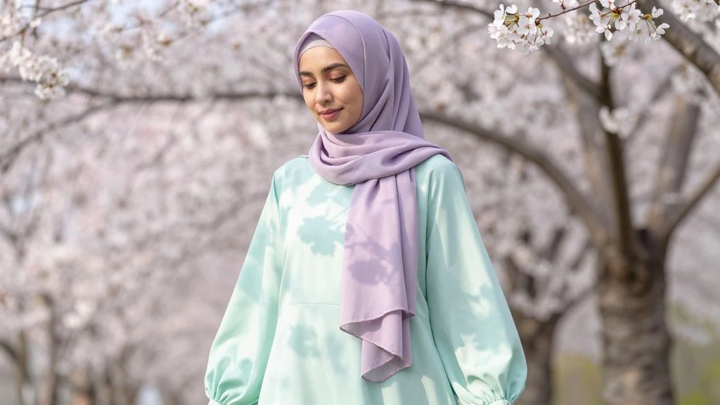 Woman in pastel lavender hijab and mint green dress outdoors among cherry blossoms