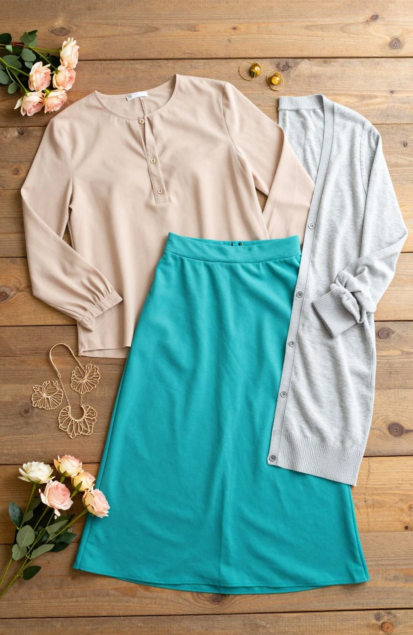 Flat-lay of clothing items for a viral hijab outfit with accessories on a rustic surface
