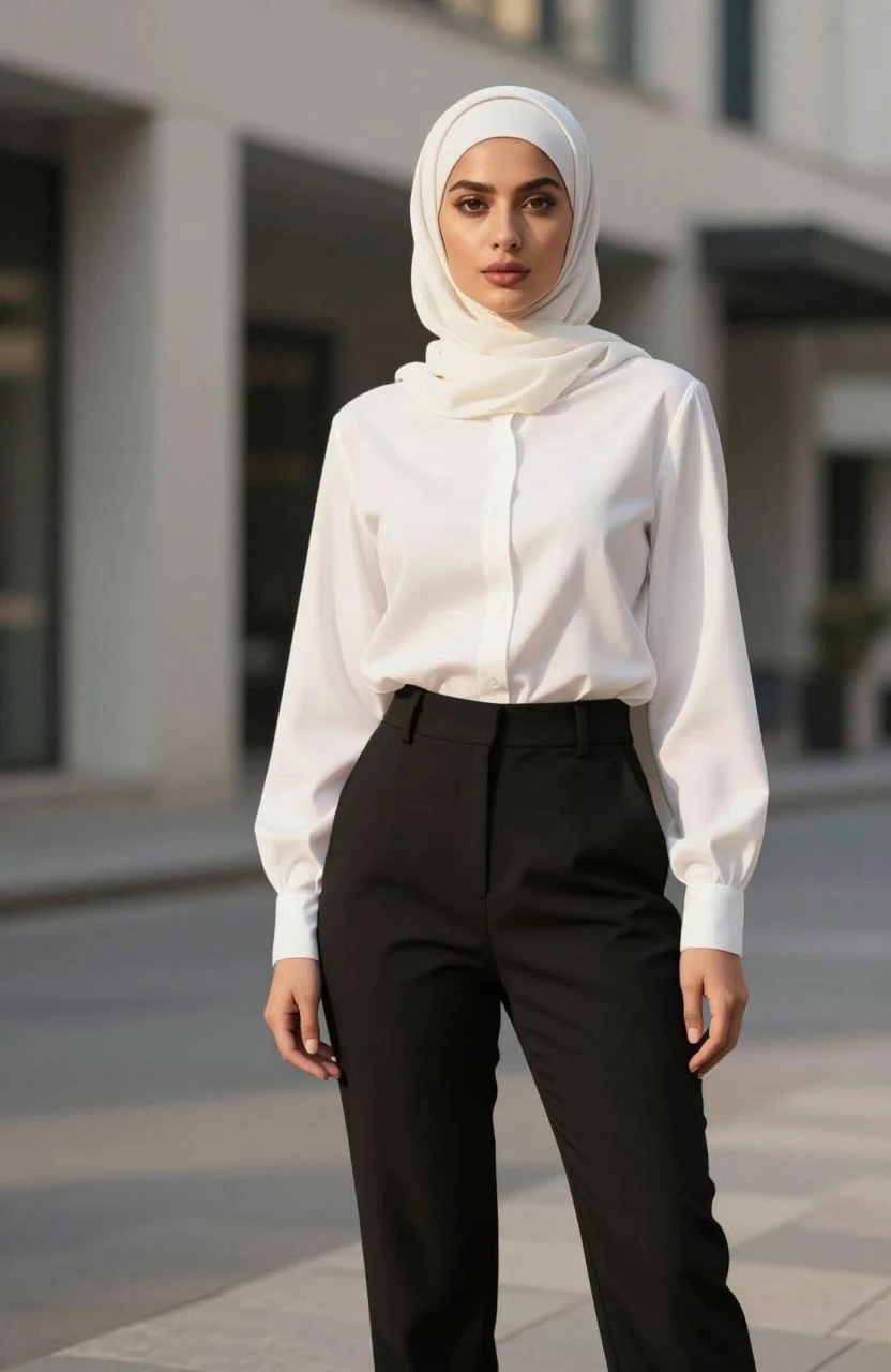 A fashionable woman in a minimalist hijab outfit showcasing urban chic style