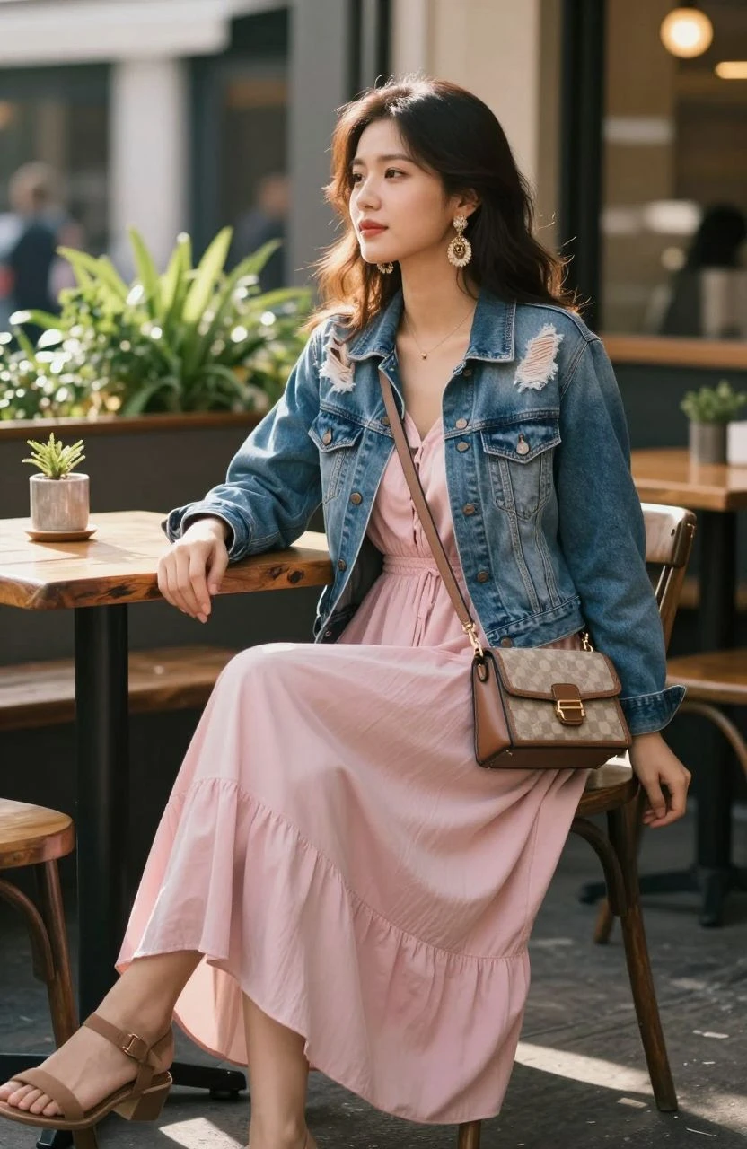 Woman in casual chic maxi dress and denim jacket at a café